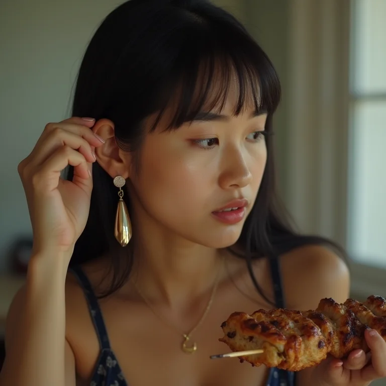 Mulher com brincos grandes tentando comer.