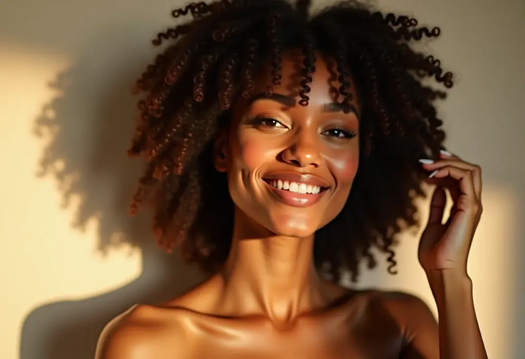 Mulher com cabelo cacheado e saudável sob luz natural