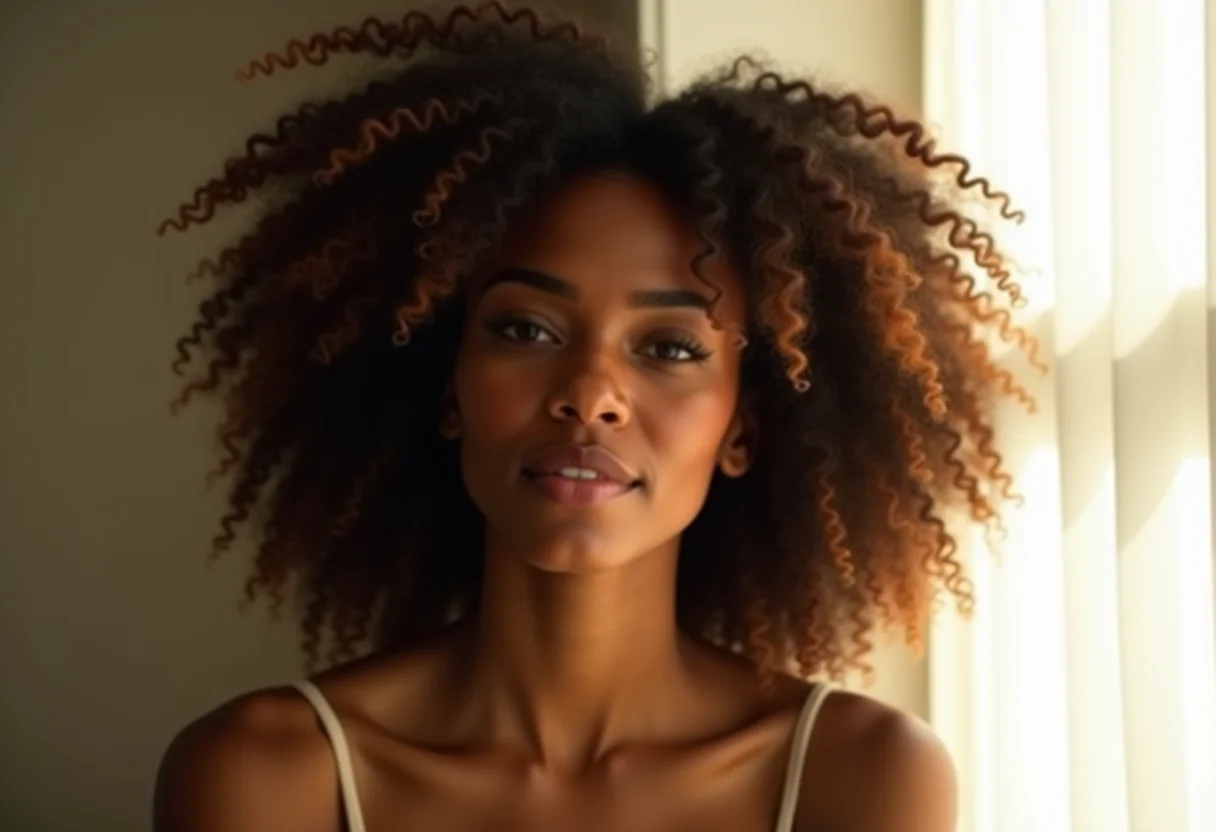 Mulher com cabelo cacheado e úmido, com brilho natural, sorrindo suavemente.