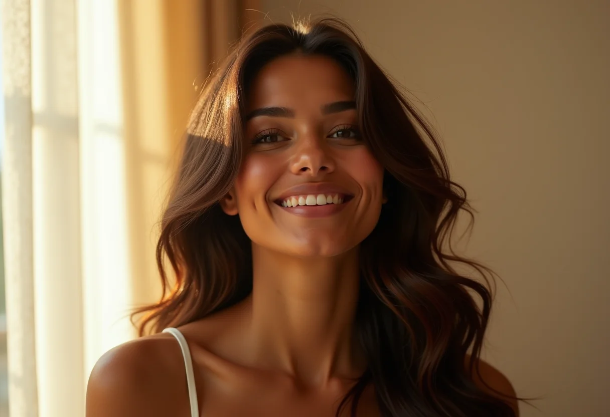 Mulher com cabelo longo e saudável, sem pontas duplas