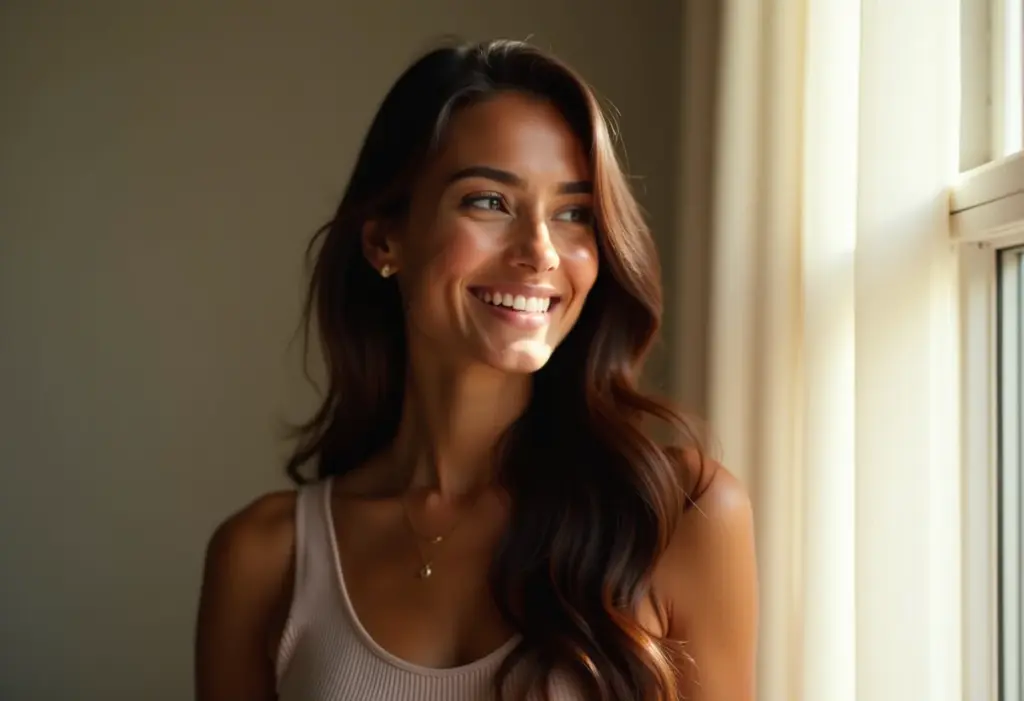 Mulher com cabelo longo e saudável sorrindo perto da janela