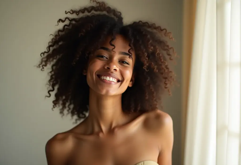 Mulher com cabelo volumoso e levemente frisado sorrindo