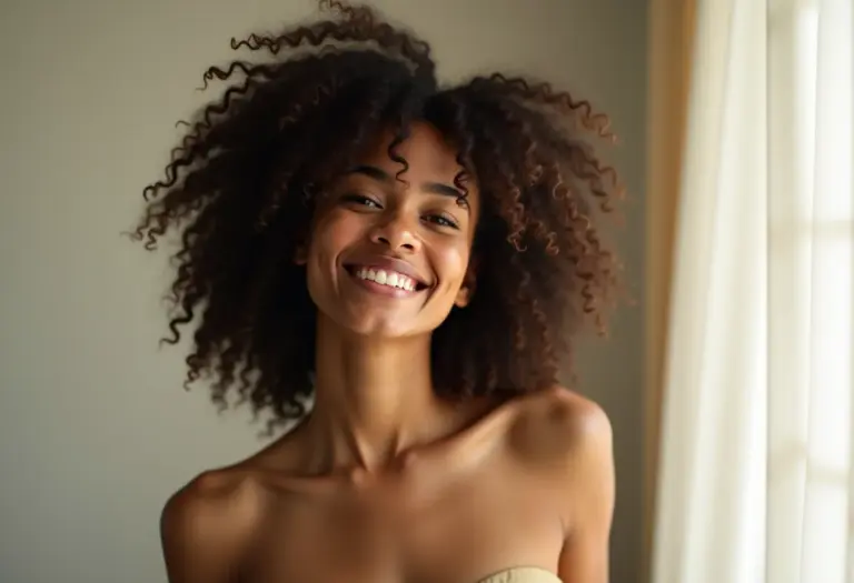 Mulher com cabelo volumoso e levemente frisado sorrindo