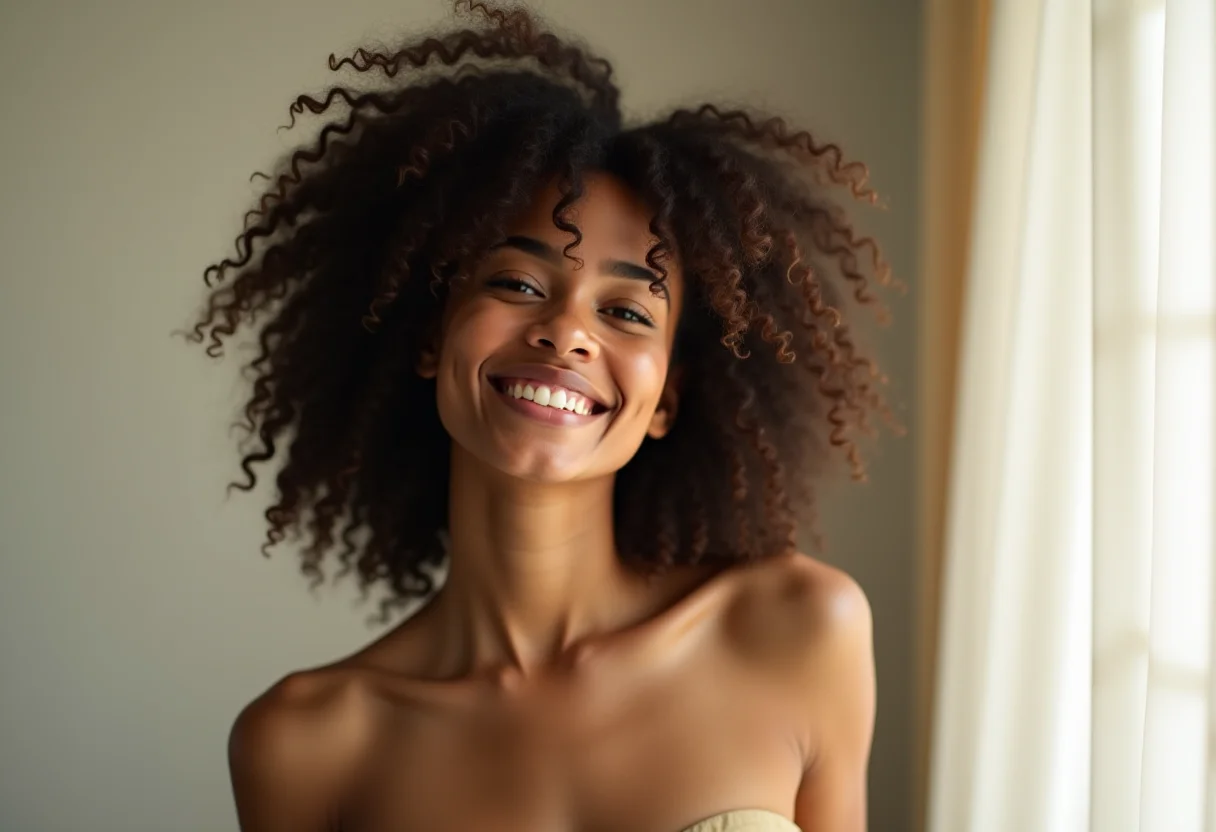 Mulher com cabelo volumoso e levemente frisado sorrindo