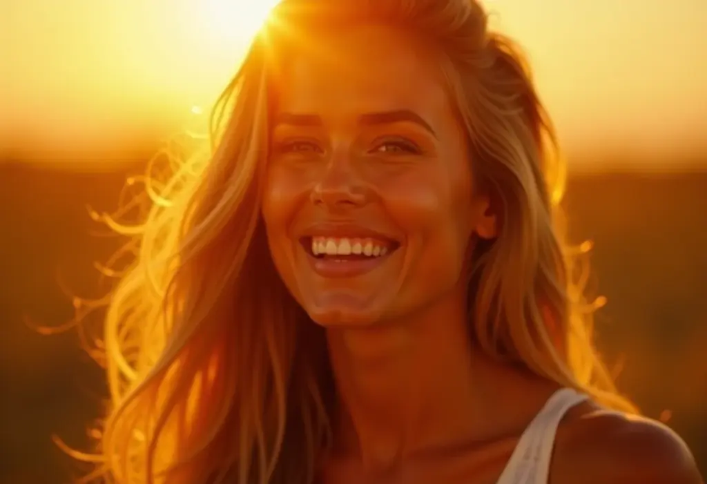 Mulher com cabelos iluminados e sorriso radiante