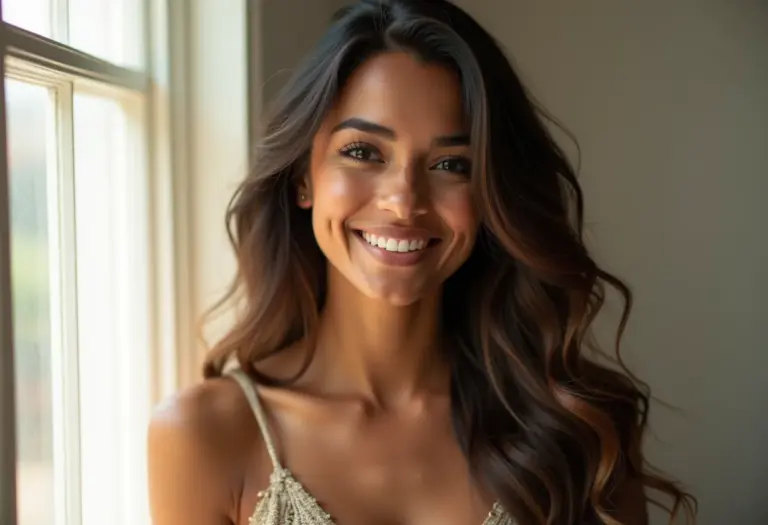 Mulher com cabelos longos e iluminados sorrindo em luz natural