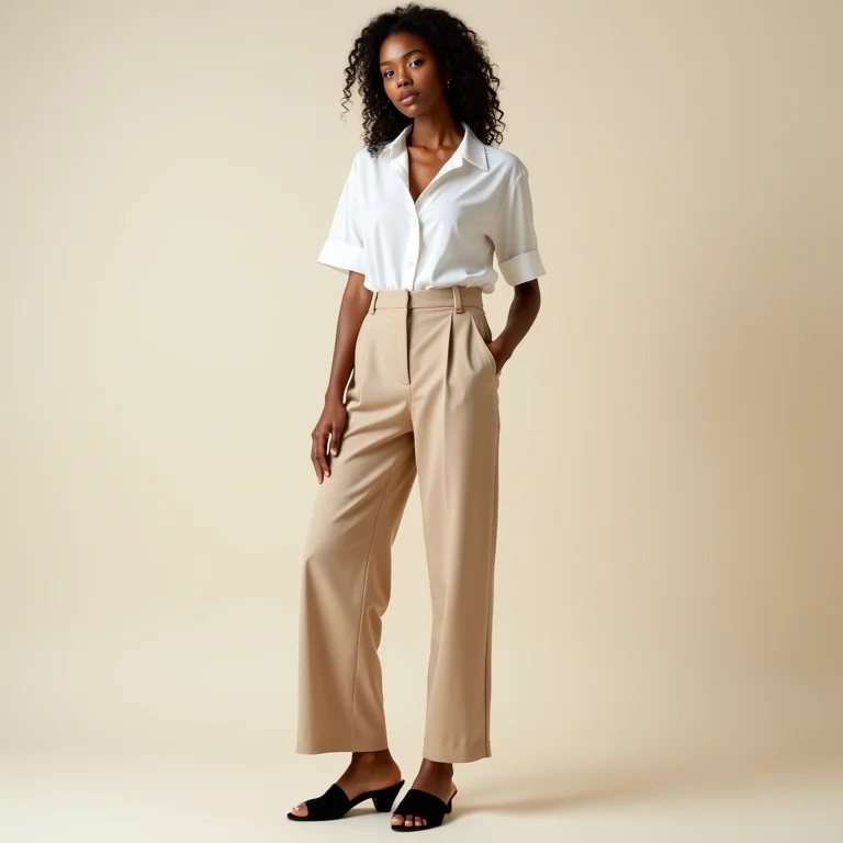 Mulher com calça de alfaiataria e papete preta