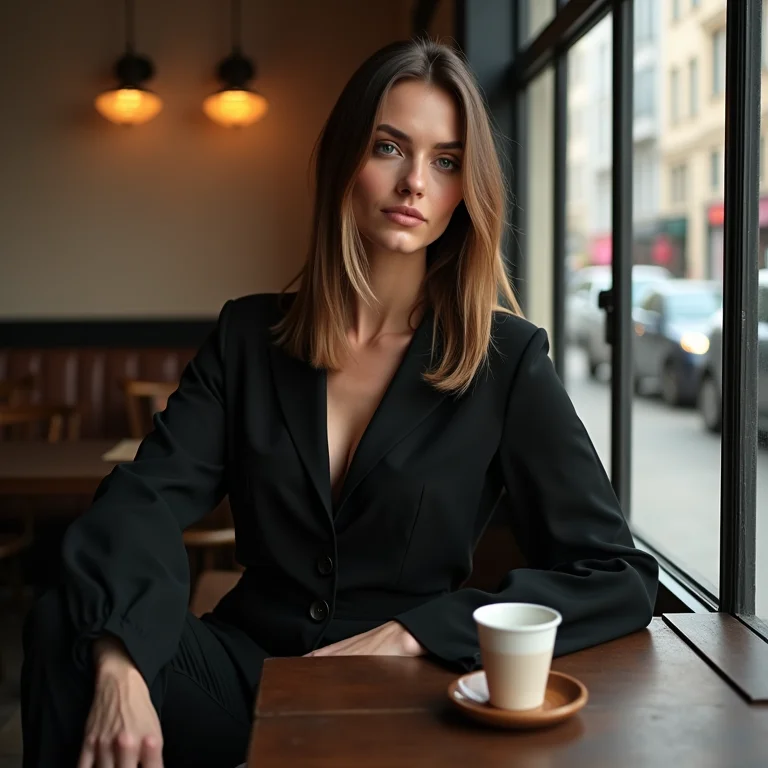 Mulher com calça de alfaiataria usando papete preta em café moderno