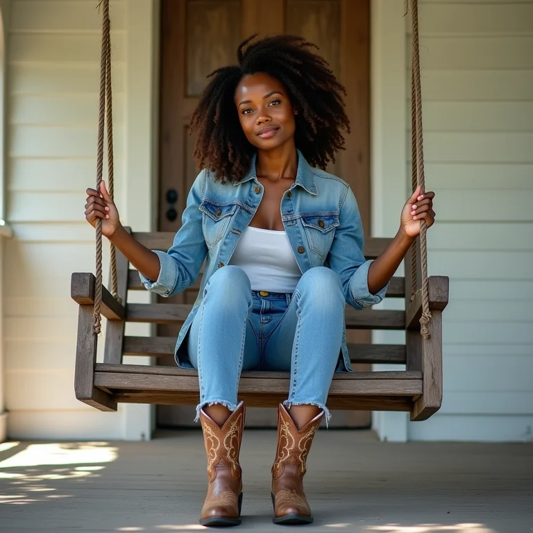 Mulher com calça jeans e bota cowboy sentada em balanço