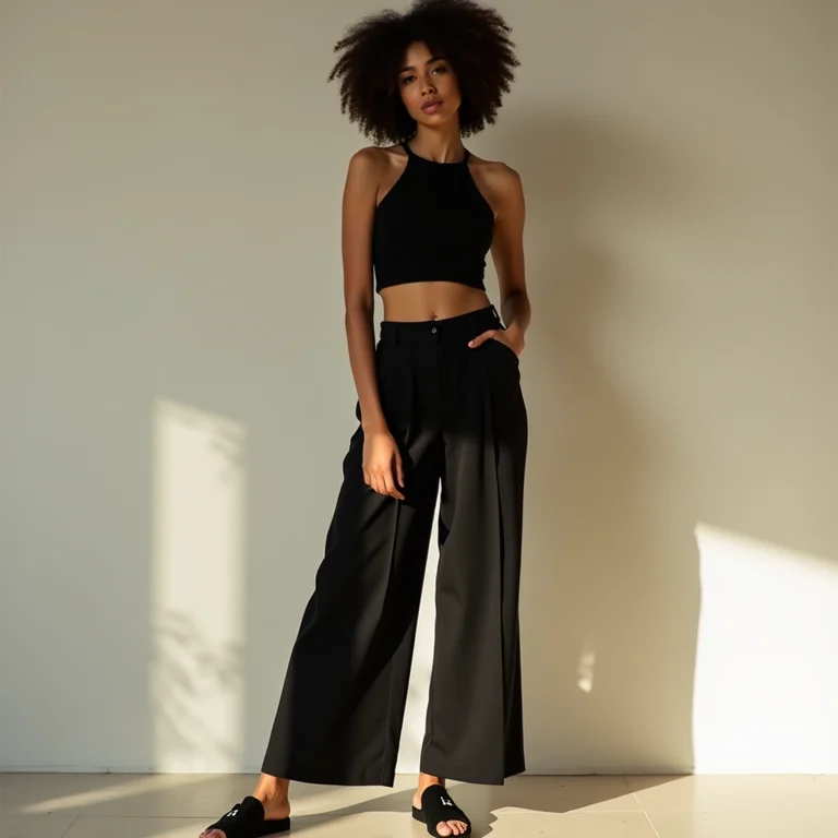 Mulher com calça pantacourt e papete preta