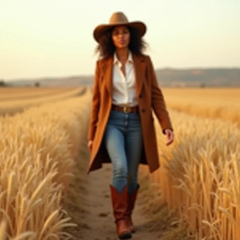 Mulher com casaco e bota de cowboy caminhando em campo de trigo