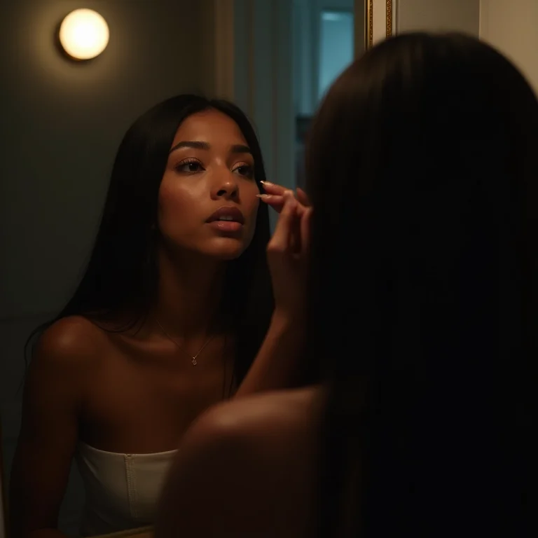 Mulher com dificuldade para se maquiar em um lavabo mal iluminado.