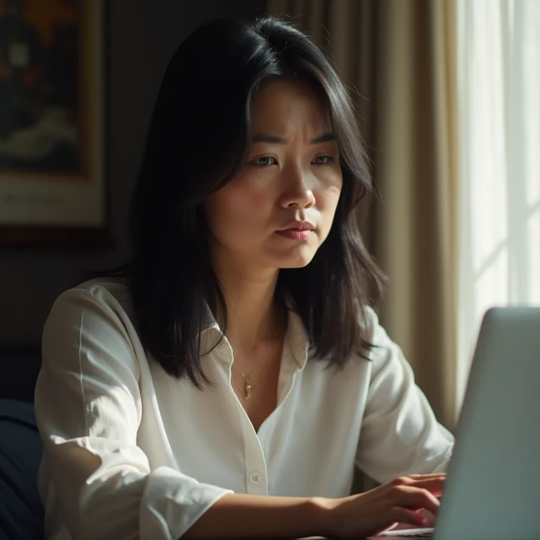 Mulher com expressão de desconforto trabalhando em ambiente com pouca luz natural