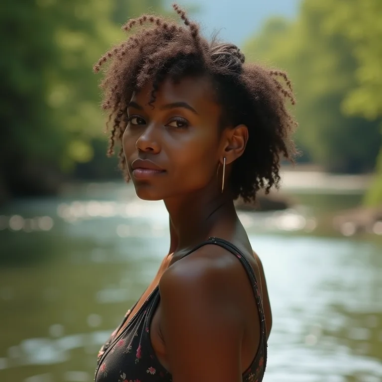 Mulher com expressão resiliente em frente a um rio.