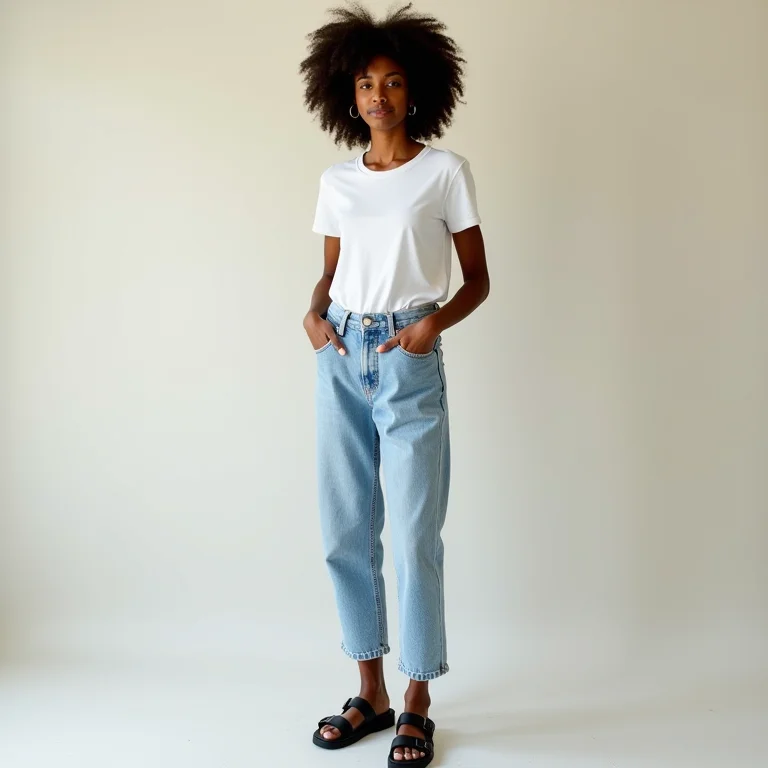 Mulher com jeans, camiseta branca e papete preta