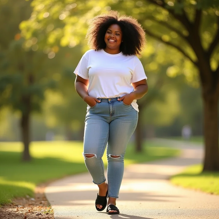Mulher com jeans e camiseta usando papete preta