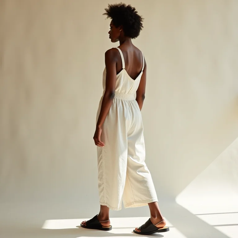 Mulher com macacão e papete preta