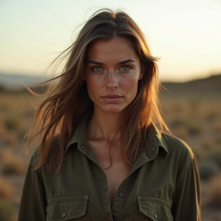 Mulher com olhar determinado em um cenário de guerra.