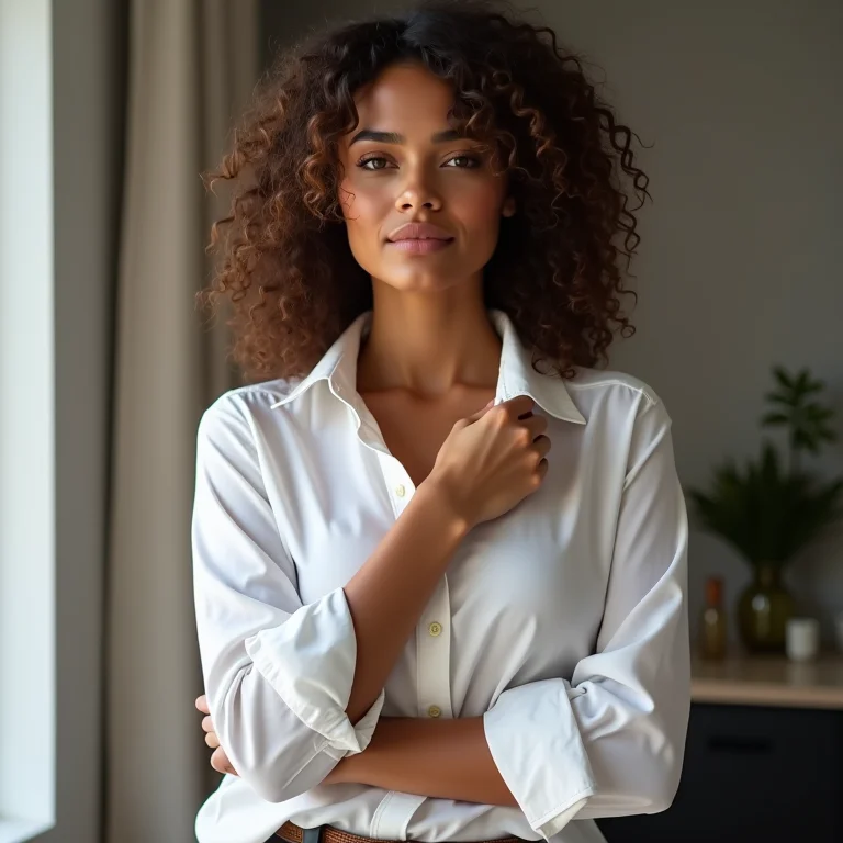 Mulher com pele bronzeada e cabelos cacheados dobrando a manga da camisa no estilo italiano.