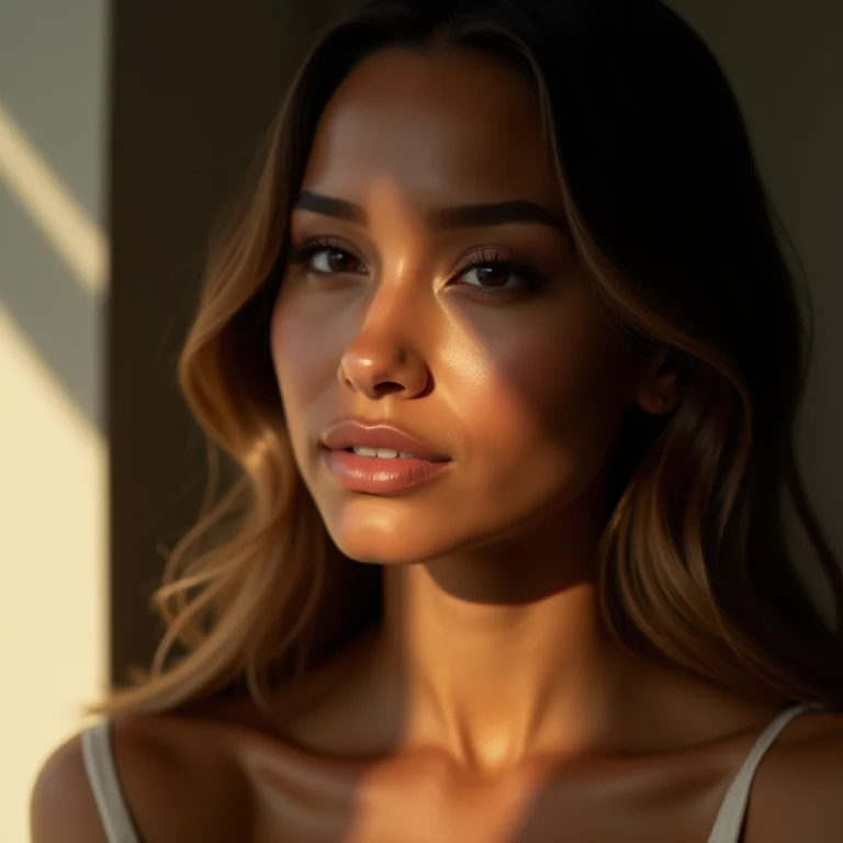 Mulher com pele neutra e cabelo castanho com mechas