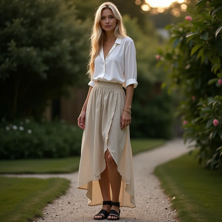 Mulher com saia e blusa usando papete preta em jardim