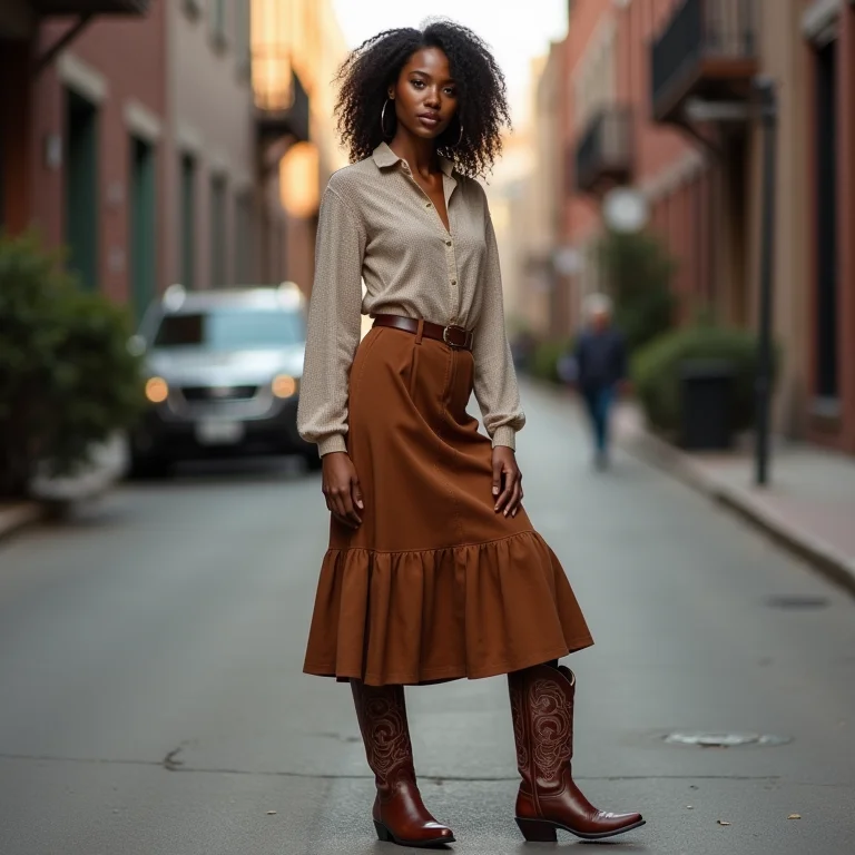 Mulher com saia e bota cowboy em ambiente urbano