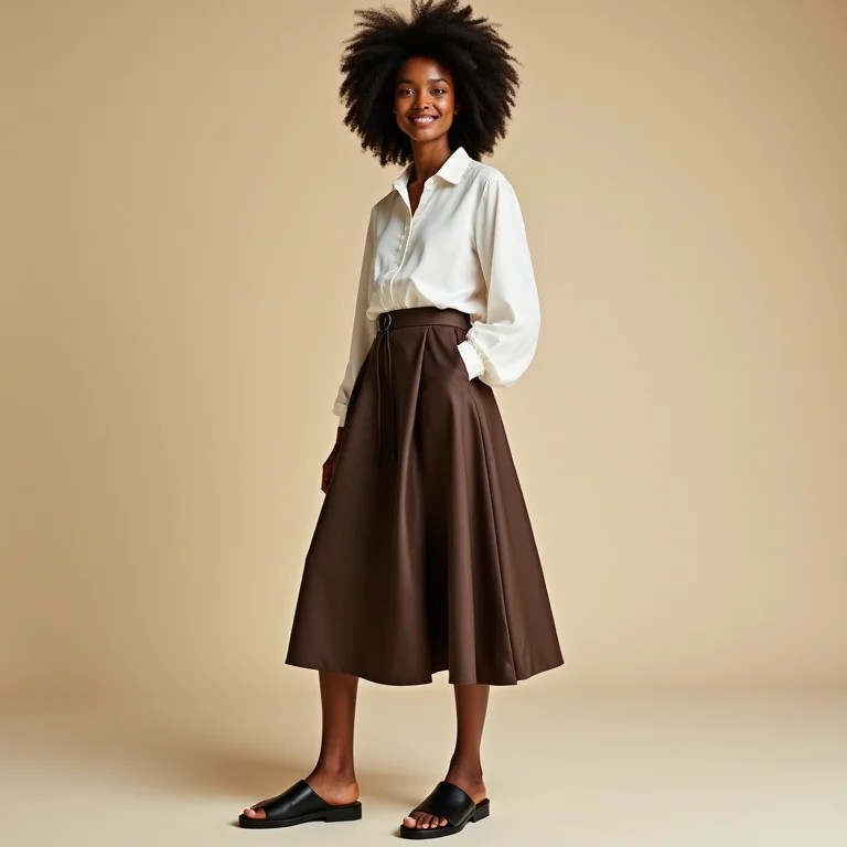 Mulher com saia midi e papete preta