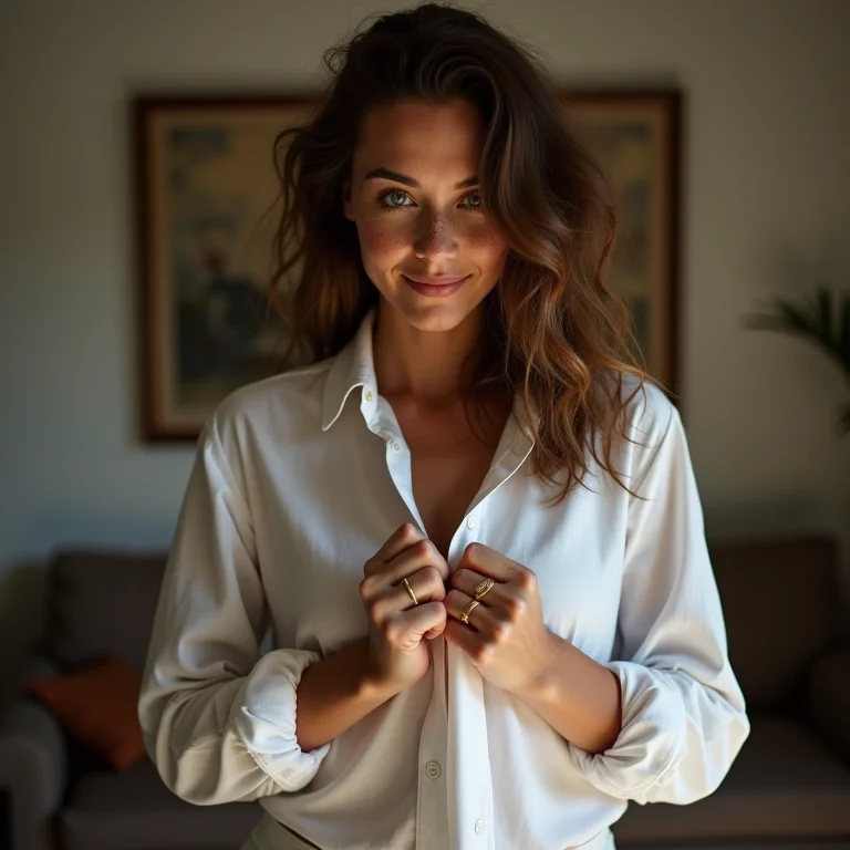 Mulher com sardas e cabelos ondulados dobrando a manga da camisa de forma despojada.