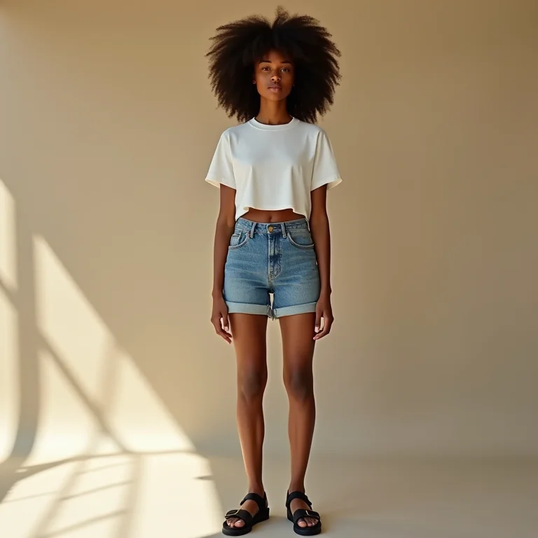 Mulher com short jeans e papete preta