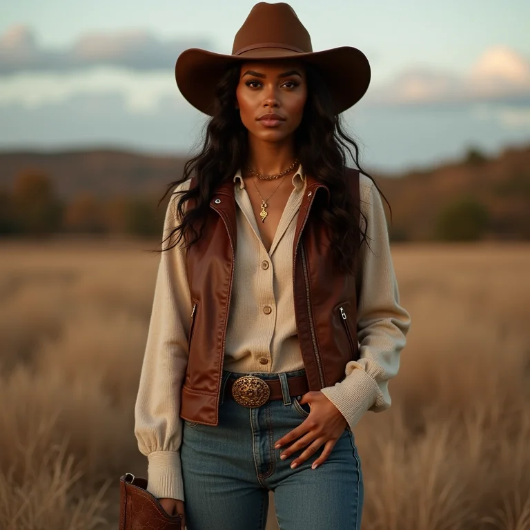 Mulher com terceira peça e bota cowboy na natureza