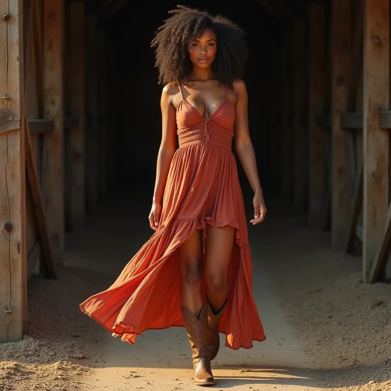 Mulher com vestido e bota cowboy em cenário rústico