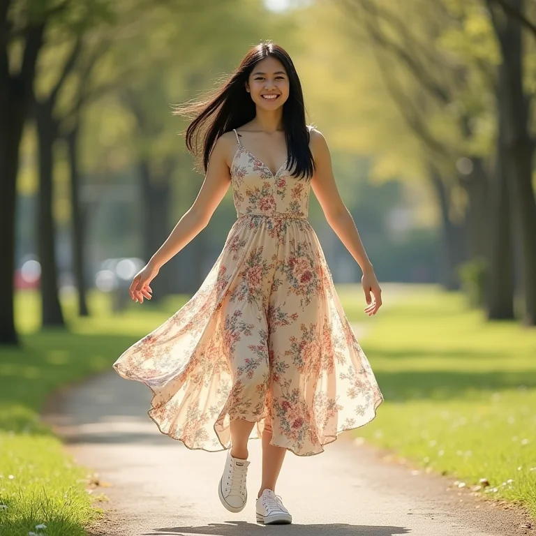Mulher com vestido floral e All Star em parque ensolarado