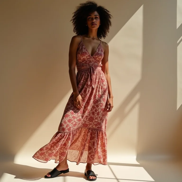 Mulher com vestido floral e papete preta