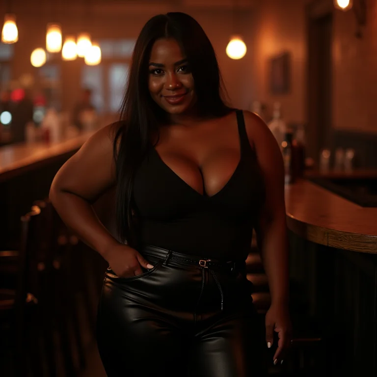 Mulher confiante com calça de couro