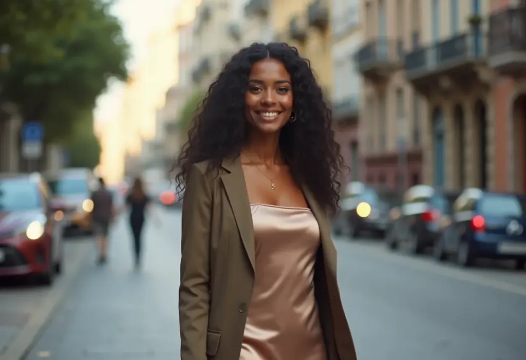 Mulher confiante de vestido slip e blazer andando na rua.