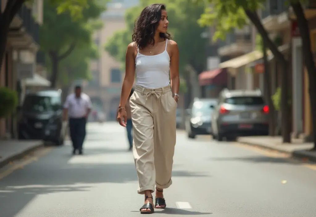 Mulher confiante usando papete em look casual