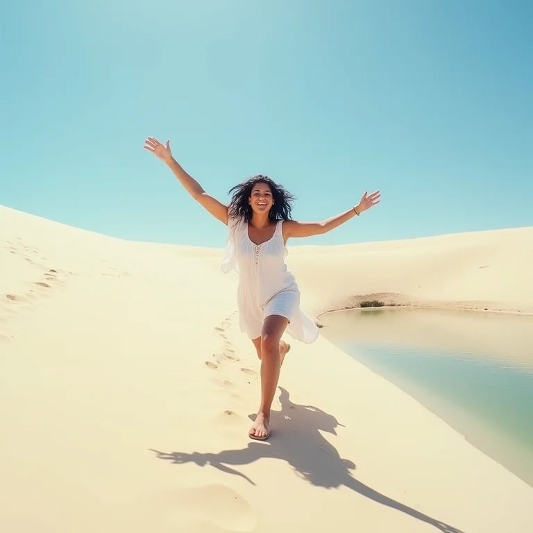 Mulher correndo nas dunas dos Lençóis Maranhenses