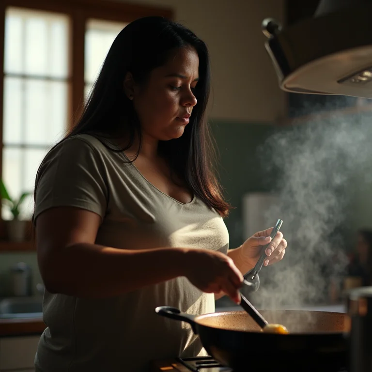 Mulher cozinhando em cozinha quente e sem ventilação