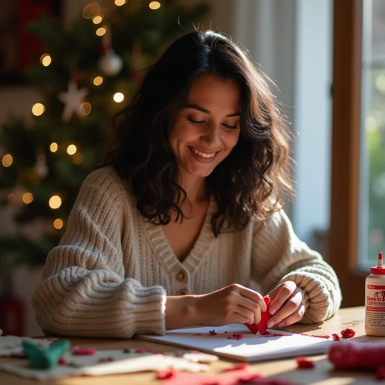 Mulher criando enfeites de Natal DIY em casa