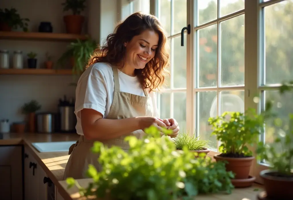Mulher cuidando de horta em casa na janela ensolarada