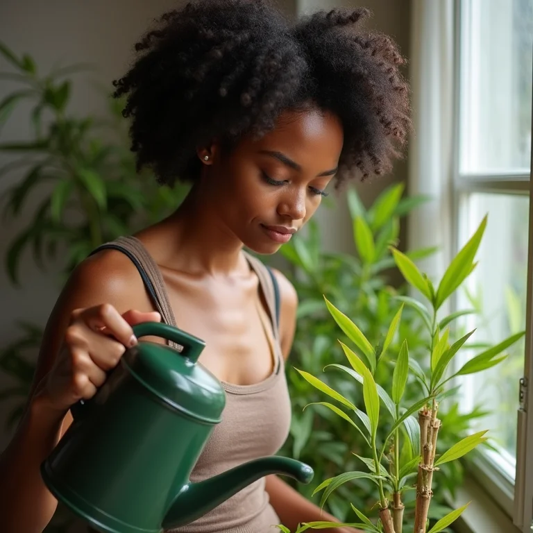 Mulher cuidando de jardim de bambu em apartamento