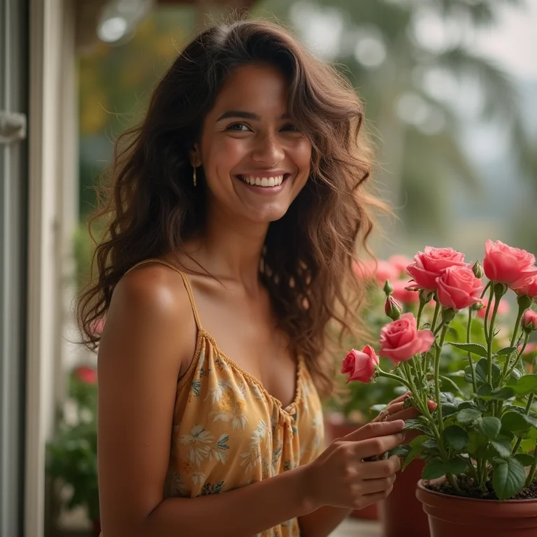 Mulher cuidando de rosas em sua varanda.