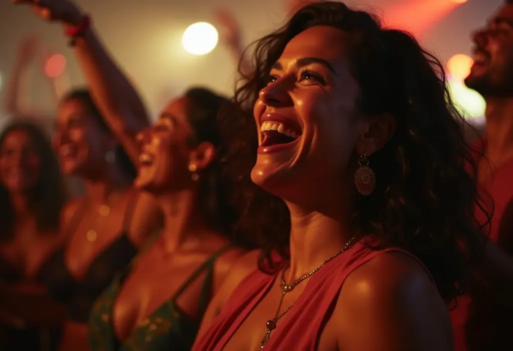 Mulher dançando em show de pagode com amigos