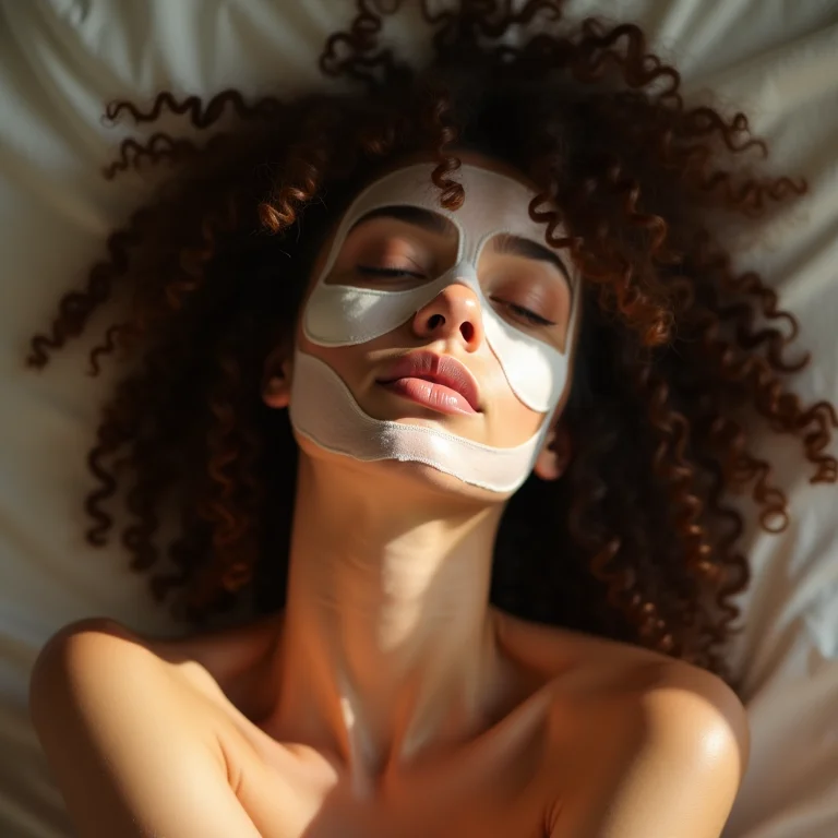 Mulher de cabelo cacheado relaxando com máscara facial.