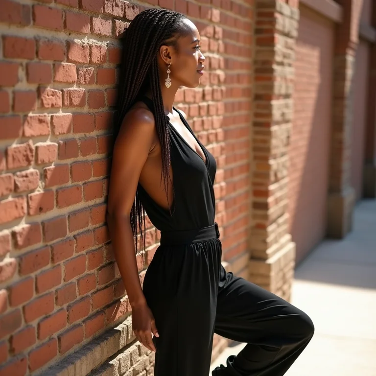 Mulher de macacão usando papete preta encostada em parede de tijolos