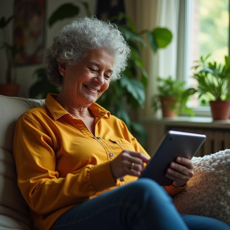 Mulher de meia-idade fazendo chamada de vídeo em casa