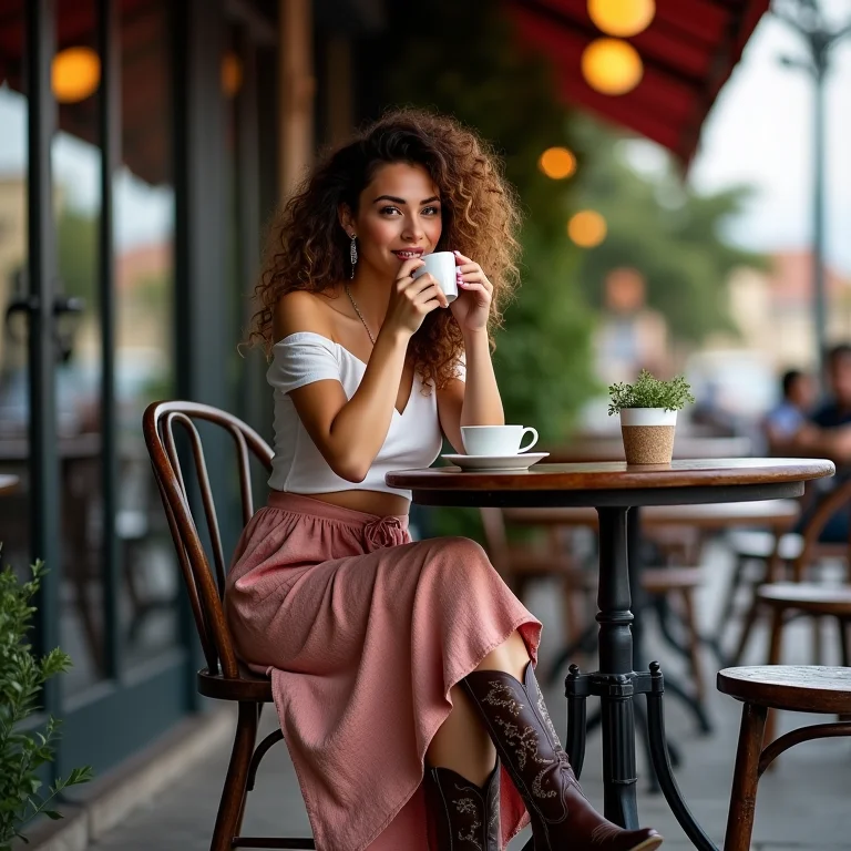 Mulher de saia e bota de cowboy sentada em café ao ar livre
