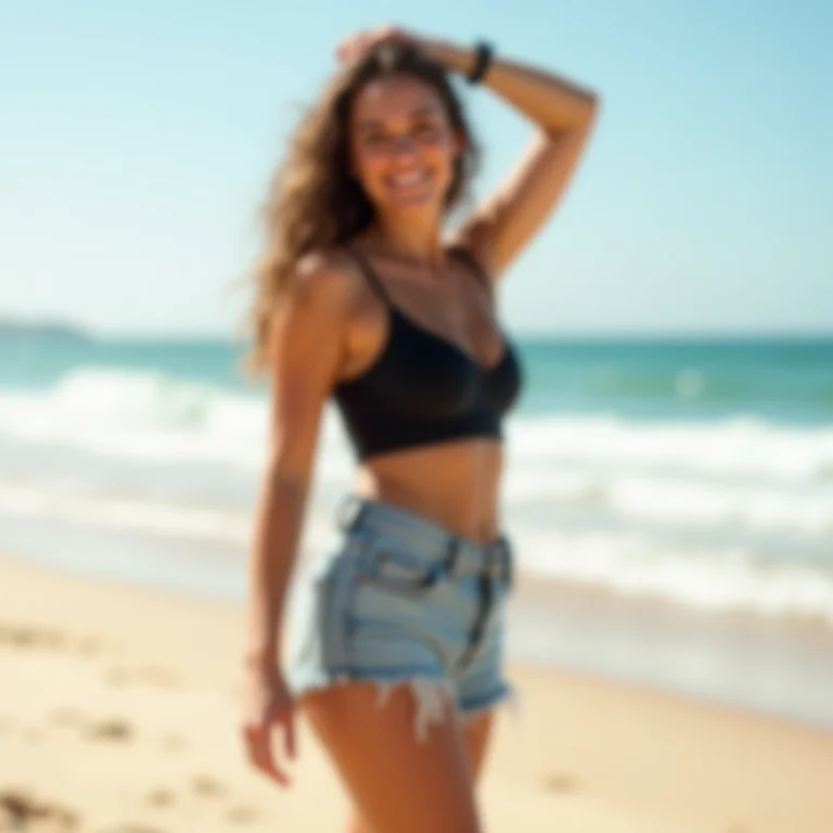 Mulher de shorts e cropped usando papete preta na praia