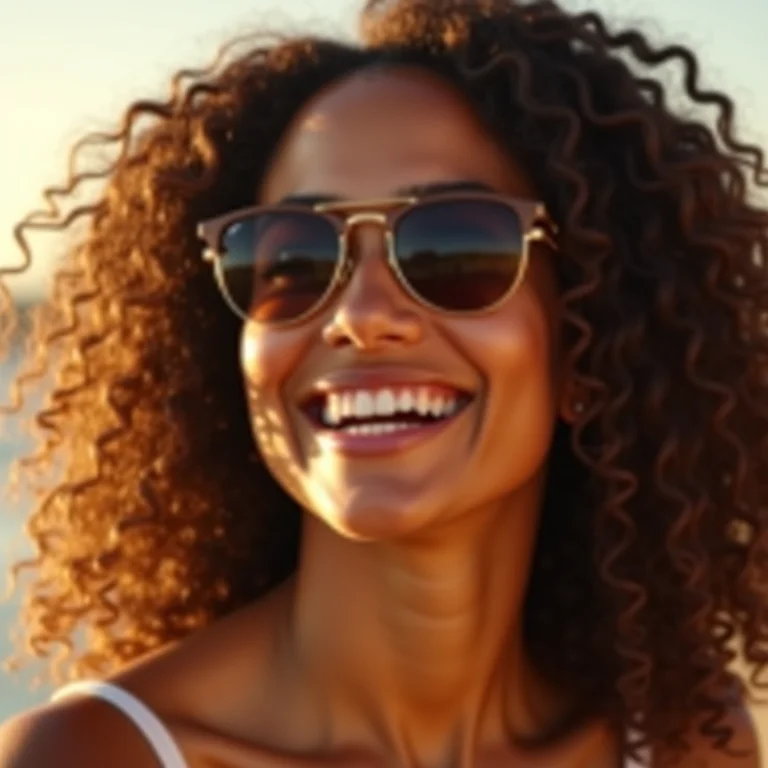 Mulher de tamanho médio com cabelos cacheados usando óculos de sol e sorrindo