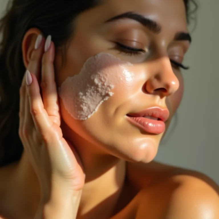 Mulher de tamanho médio esfoliando a pele do rosto.